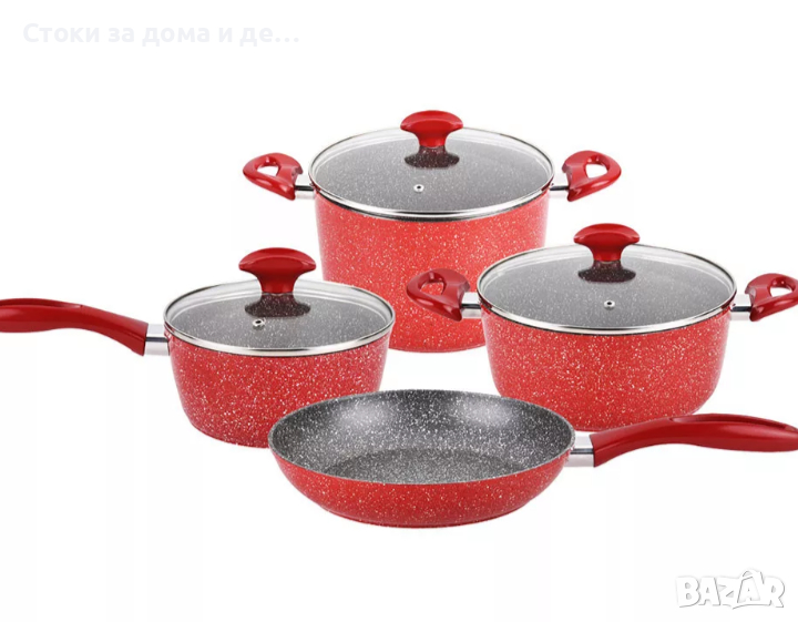 ✨Комплект тенджери, касерола и тиган ZEPHYR Red Passion ZP 4418 E7, 7 части, Мраморно покритие, Черв, снимка 1