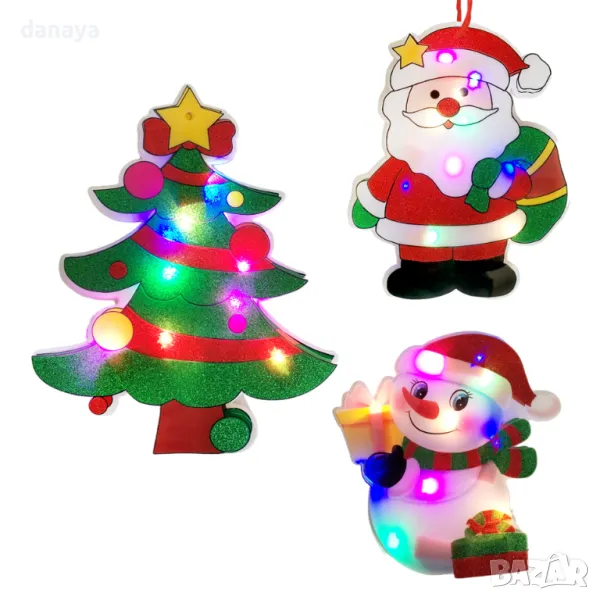 5296 Светеща коледна украса за стена Дядо Коледа Елха Снежко, 19 см, снимка 1