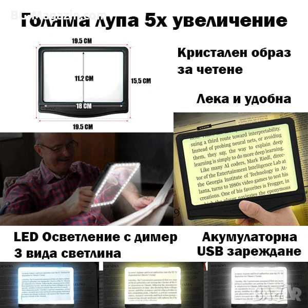 Голяма правоъгълна лупа за четене с LED осветление 5х увеличение USB зареждане цяла страница, снимка 1