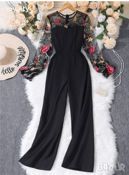 Елегантен дамски гащеризон с мрежест ръкав с флорални бродерии, снимка 1