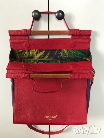 Дамска чанта Fraiche Paris корал червена и лилаво ретро стил дълга дръжка , снимка 1 - Чанти - 40397251