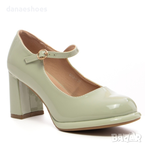 Дамски обувки на ток тип Мери Джейн в бледо зелено 