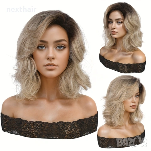 Модерна пепеляво руса перука с тъмни корени - чуплива, асиметрична прическа, снимка 3 - Аксесоари за коса - 53727909