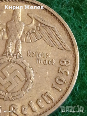 Сребърна монета 5 райхсмарки 1938г. Германия Трети Райх с Свастика за КОЛЕКЦИОНЕРИ 51761, снимка 4 - Нумизматика и бонистика - 53617809