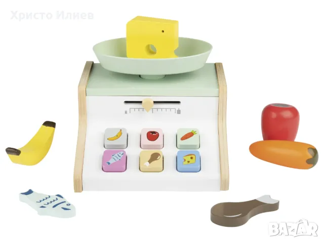 Детски дървен Кантар Везна с дървени аксесоари плодове подходящ за дървен магазин