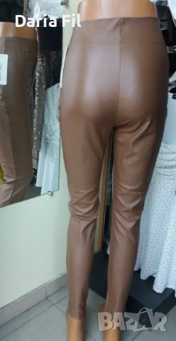 Бежов еластичен панталон с висока талия с ефект на кожен, снимка 3 - Клинове - 39425786