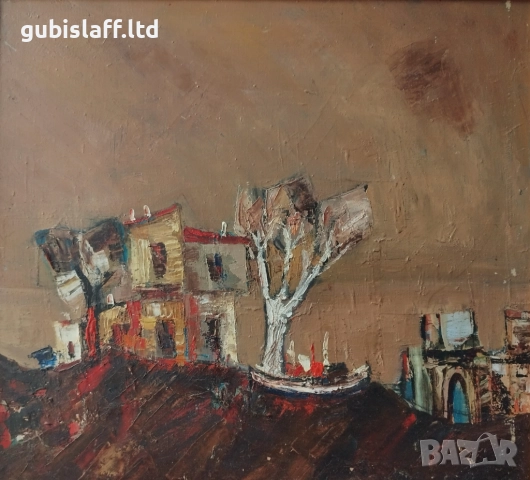 Картина, бряг, лодки, къщи, 1970-те год., снимка 2 - Картини - 51712070