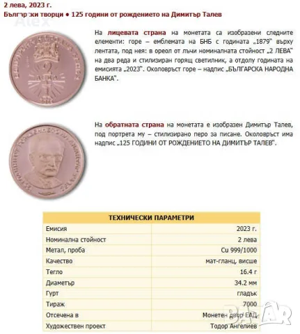 Възпоменателна Колекционерска Монета 125 години от рождението на Димитър Талев медна 