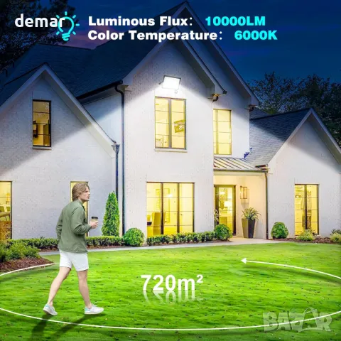 Охранителна лампа T-SUN, външна, сензор за движение, 100 W от здрач до зори, 10000 лумена LED, IP66, снимка 4 - Прожектори - 47525465