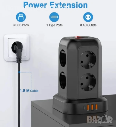 Разклонител тип "КУЛА", 1,8м кабел, снимка 7 - Друга електроника - 51240338