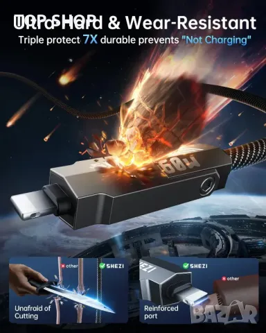 SHEZI 4 в 1 кабел за зареждане/данни с Lightning/Type C/USB A порт, 3 метра, снимка 6 - Друга електроника - 49591949