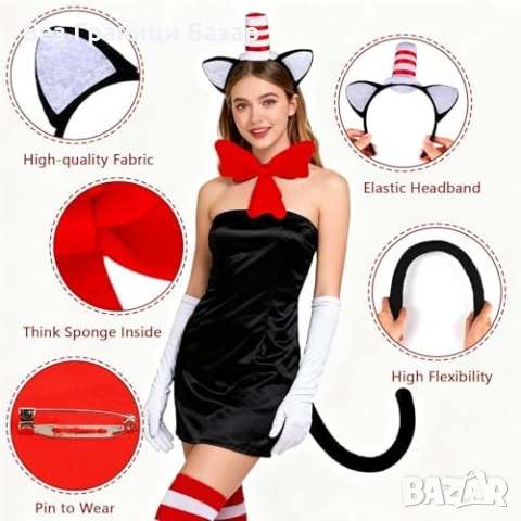 Нов Аксесоари костюм котка: лента уши, опашка, папийонка, парти косплей, снимка 4 - Други - 53646479