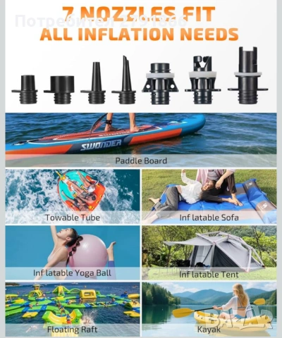 Електрическа помпа Swonder SUP, 20 PSI с интелигентно двустепенно напомпване, 12V, снимка 7 - Водни спортове - 53661298