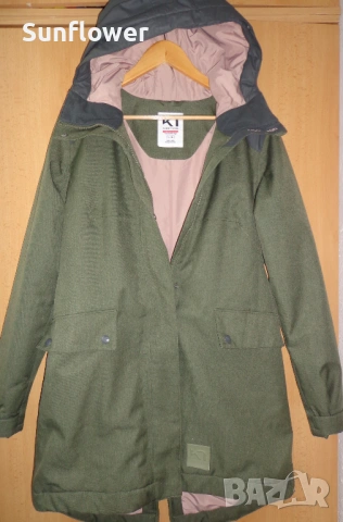 Дамско зелено топло зимно парка яке  Kari Traa с качулка, размер L  , снимка 5 - Якета - 53397755