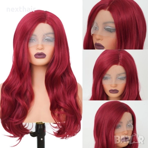 60 см червена чуплива перука с дантела  4*1, снимка 4 - Аксесоари за коса - 51049356