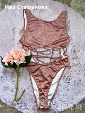 Нов розов бански висока талия  пепел от рози хигиенна лепенка XL 2XL , снимка 2 - Бански костюми - 41322430