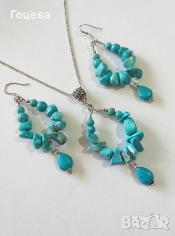 Уникално красив Бохо комплект обеци и колие с естествени Тюркоази. , снимка 3 - Бижутерийни комплекти - 41146171