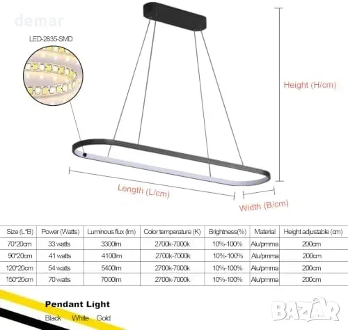 LED полилей за трапезария с дистанционно, димиране, 2700–7000K, снимка 2 - Полилеи - 55933421