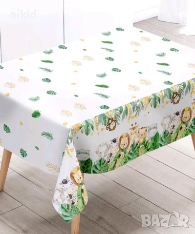 Сафари Джунгла Зоо Диви Животни бяла найлонова покривка за парти рожден ден, снимка 2 - Покривки за маси - 26707522