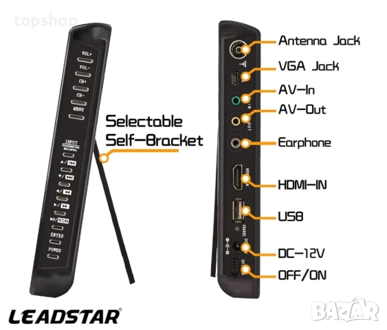 ЧИСТО НОВ, ТЕСТВАН D10 LEADSTAR, преносим телевизор DVB-T2 DVB-T TFT HD, USB и TF карта, USB плейър, снимка 5 - Телевизори - 51636365