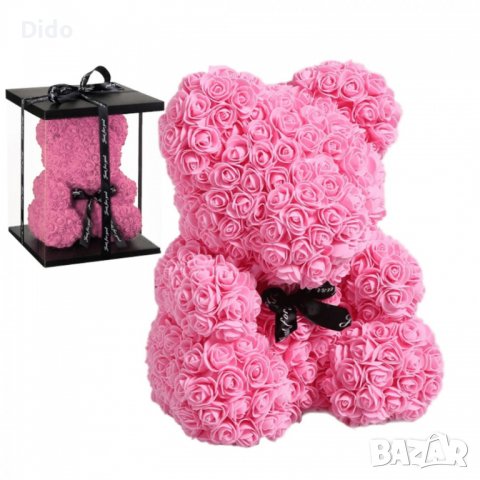 Мече от рози в кутия , 25 см, розов цвят  Код на продукт: TS6126