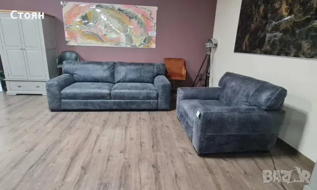 Сив кожен комплект тройка и фотьойл - телешки бокс, снимка 11 - Дивани и мека мебел - 50059154