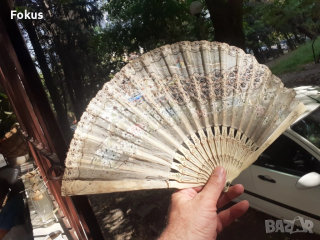 Антикварно дамско ветрило от кост и коприна 19 век, снимка 2 - Антикварни и старинни предмети - 53275203