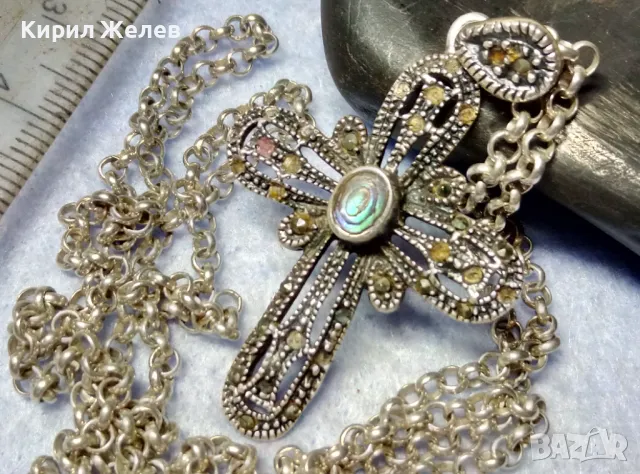 АВТОРСКИ АЖУРЕН СРЕБЪРЕН КРЪСТ СРЕБРО 925 NF с КРАЛСКИ СЕДЕФ МАРКАЗИТИ СРЕБЪРНА ВЕРИЖКА ИТАЛИЯ 41807, снимка 13 - Колиета, медальони, синджири - 49486908