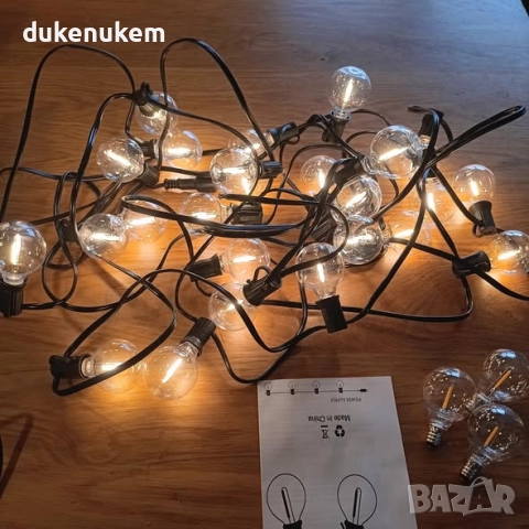LED лампички за външна употреба 10м, 25+3 G40 крушки, IP44, топло жълта светлина, снимка 9 - Лед осветление - 52303315