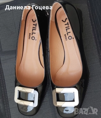 Черни естествен лак обувки с катарама и нисък ток, снимка 14 - Дамски обувки на ток - 52481768