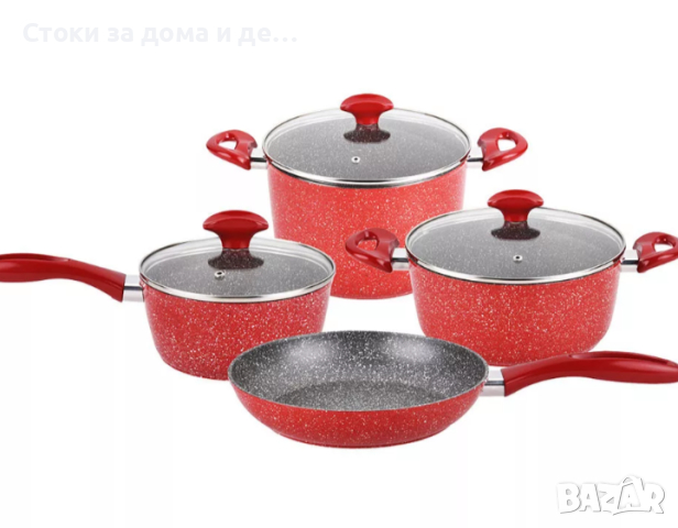 ✨Комплект тенджери, касерола и тиган ZEPHYR Red Passion ZP 4418 E7, 7 части, Мраморно покритие, Черв, снимка 1