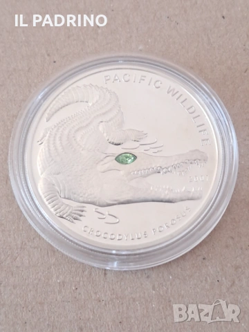 Сребро Палау крокодил с камък Сваровски 5долара 25грама проба 925