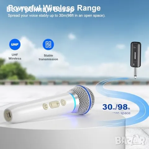 Нов Караоке микрофон с презареждащ се приемник – Чист звук, 30м обхват, снимка 3 - Микрофони - 49010027