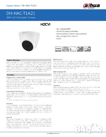 4В1: AHD HD-CVI HD-TVI PAL DAHUA DH-HAC-T1A21-0360 2 Mегапикселова IR 20 Метра Водоустойчива Камера, снимка 2 - HD камери - 41507115