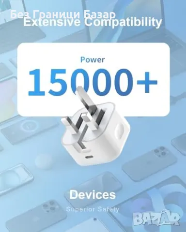 Ново Компактно USB C английско зарядно 20W + кабел за Apple устройства Айфон, снимка 2 - Друга електроника - 48362210