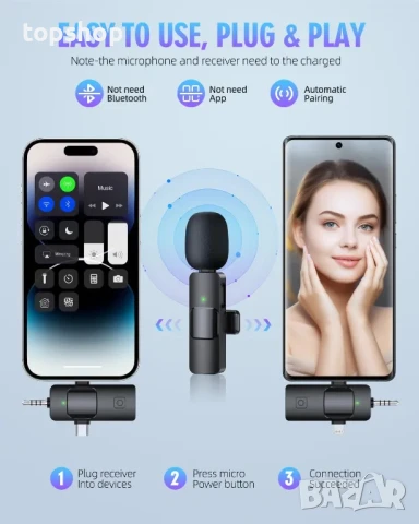 НОВИ безжични мини микрофони K15  за iPhone, iPad, Android, камера, USB-C, 7-часова батерия, снимка 5 - Микрофони - 50501813