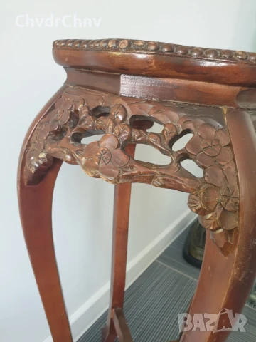 76см конзолна маса дърворезба-мрамор/дървена масичка-пиедестал-поставка за саксия, снимка 3 - Антикварни и старинни предмети - 51312062