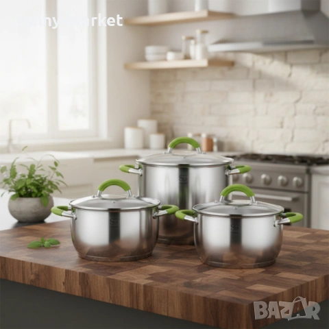 Комплект тенджери Swisgold – 3 броя, 5-слойно дъно - бързо и равномерно готвене, снимка 2 - Прибори за хранене, готвене и сервиране - 53515693