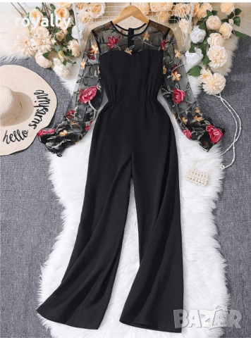 Елегантен дамски гащеризон с мрежест ръкав с флорални бродерии