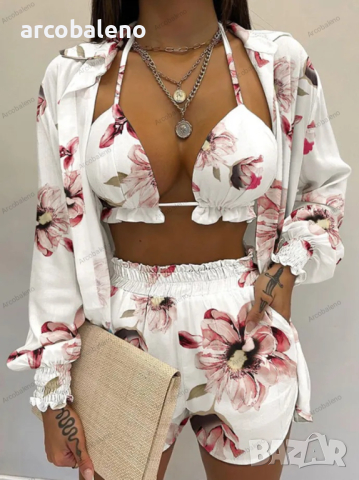 Секси щампована риза с дълги ръкави и шорти от три части, 6цвята , снимка 4 - Комплекти - 44575861