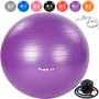 Топка за упражнения с крачна помпа, 55 см, лилава, фитнес топка, гимнастическа топка, снимка 1 - Йога - 34402631