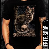 Черна тениска с щампа CAT N SKULLS, снимка 1 - Тениски - 42660780