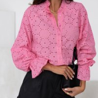 Дамска памучна риза в розово с дълъг ръкав и бродерия, снимка 7 - Ризи - 44365396