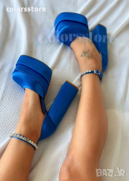 Сандали на ток син сатен, снимка 1