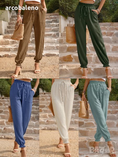 Дамски тъкани едноцветни ежедневни панталони с висока талия, 5цвята, снимка 1