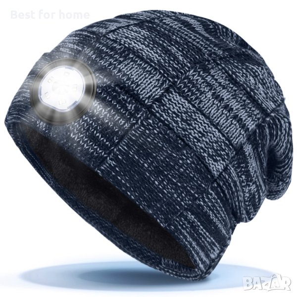 Унисекс LED шапка със светлина, акумулаторна 5 LED шапка с фар, топла зимна плетена светеща шапка , снимка 1