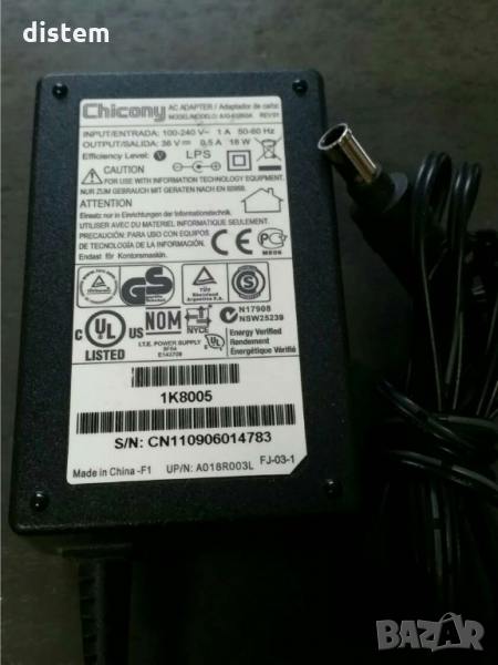 ОРИГИНАЛЕН ОРИГИНАЛЕН CHICONY A10-018N3A ЗАХРАНВАЩ АДАПТЕР 36V 0.5A 1.8W, снимка 1