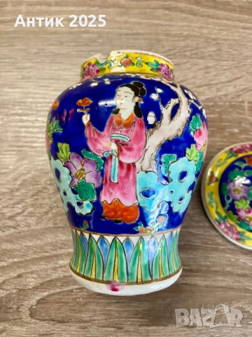 Винтидж керамичен комплект в източен стил: ваза с капак и дълбока купа, ръчна декорация, снимка 7 - Антикварни и старинни предмети - 52933850