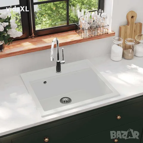 vidaXL Гранитна кухненска мивка с едно корито, бяла, снимка 2 - Мивки - 56146072