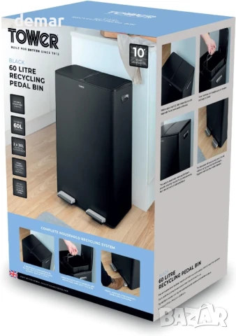 Кош за рециклиране Tower T838023BLK с педал, две отделения по 30 литра, 60 литра, черен, снимка 7 - Други стоки за дома - 50583726